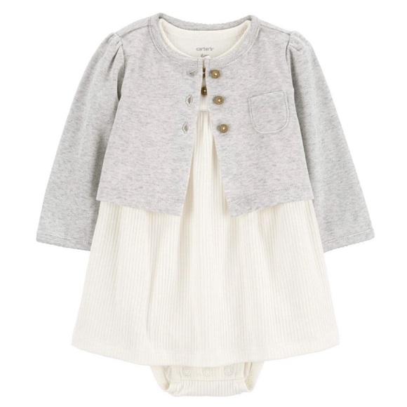 Ribbed Cream Dress and Gray Cardigan Set - Picture 1 of 9